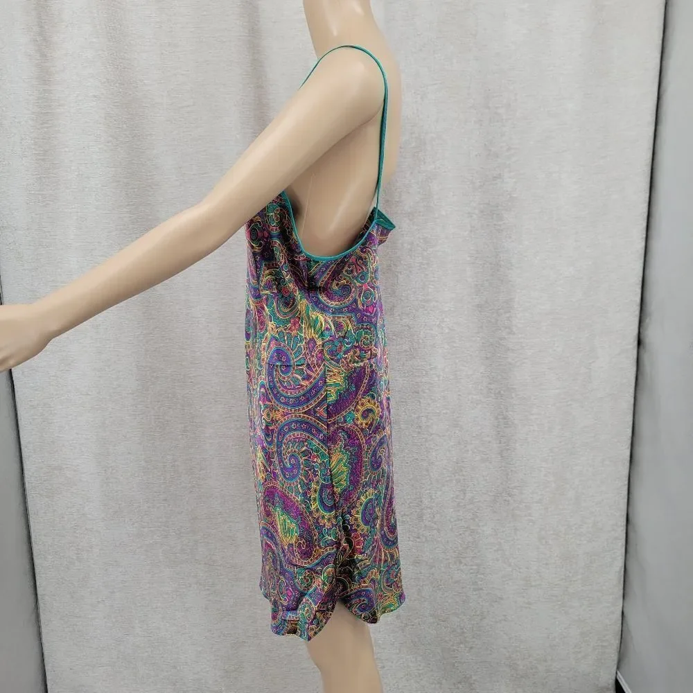 Feather Bed Vintage 90s Vibrant Paisley Satin Slip Dress and Robe Purple Teal